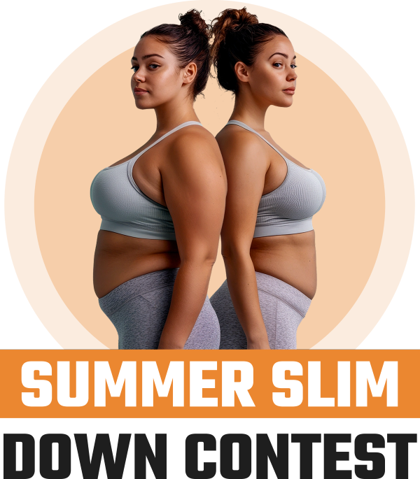 A woman's before and after transformation above text reading Summer Slim Down Contest