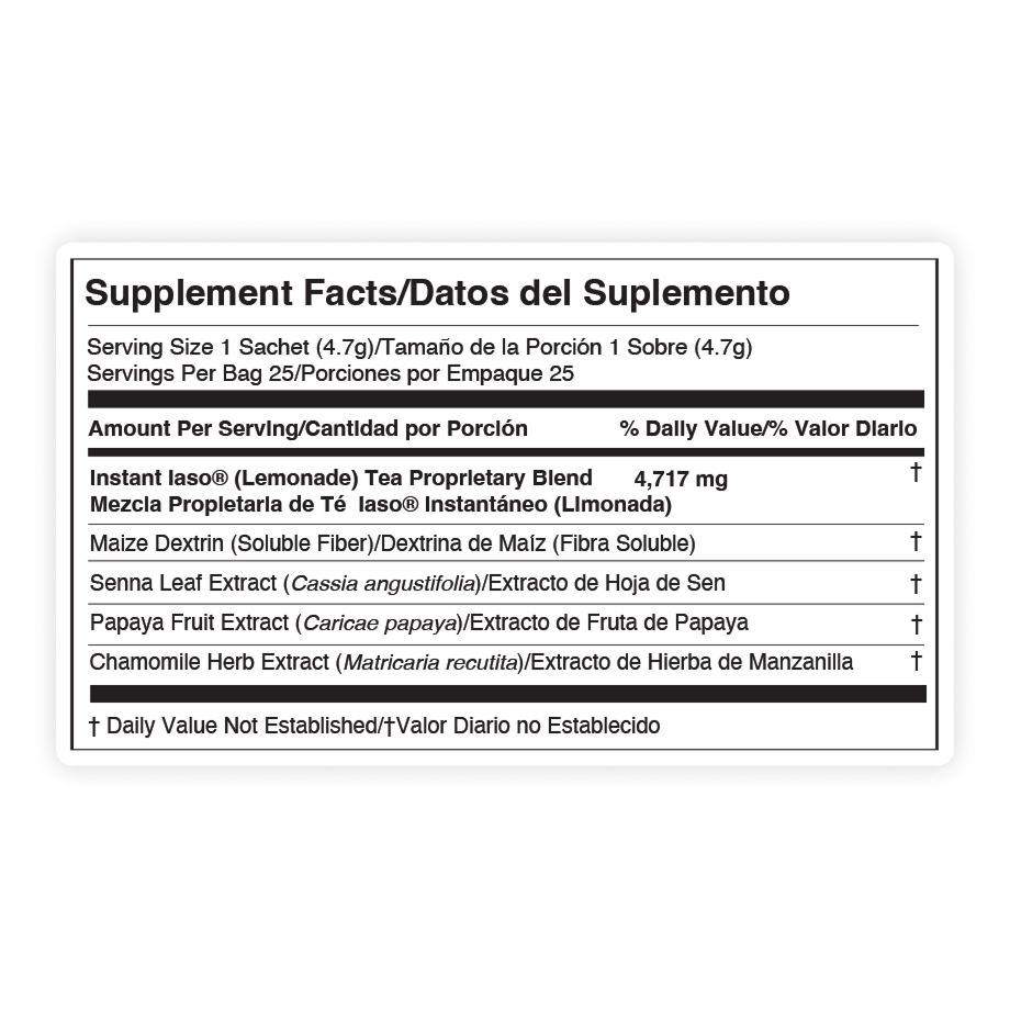Supplement facts label with black text on a white background for Lemonade Iaso tea