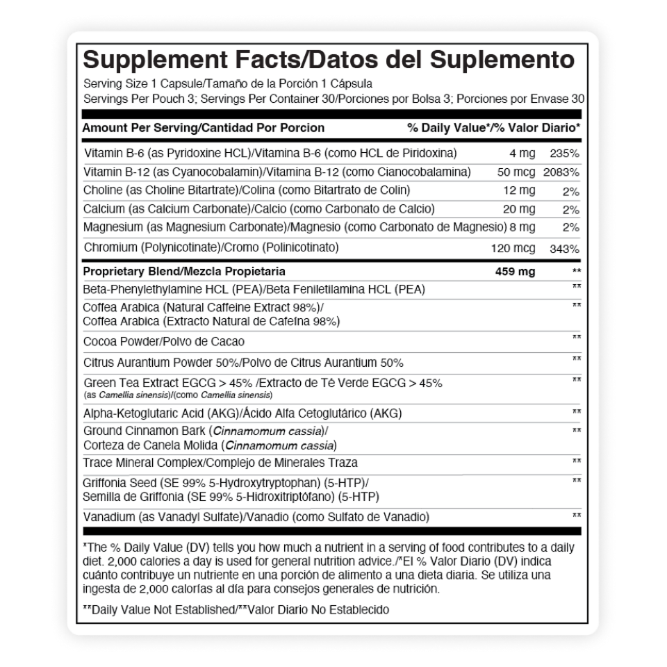 Supplement facts label with detailed nutritional information on a white background