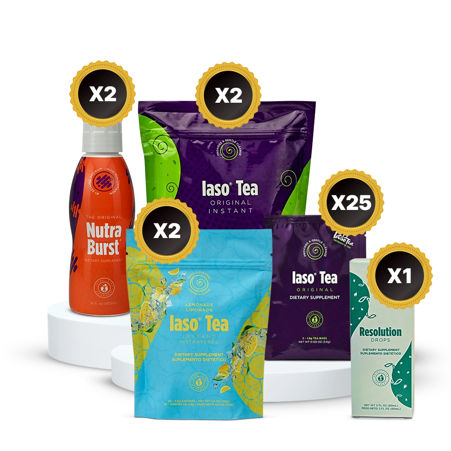 2 bottles of Nutraburst, 2 Bags of Iaso Instant Tea, 2 Bags of Lemonade Iaso Instant Tea, 25 packs of Original Iaso Brew Tea, 1 bottle of Resolution Drops