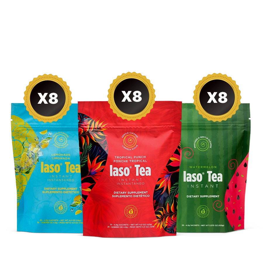 8 of each Lemonade, Tropical and Watermelon Iaso Intant Tea bags displayed. 