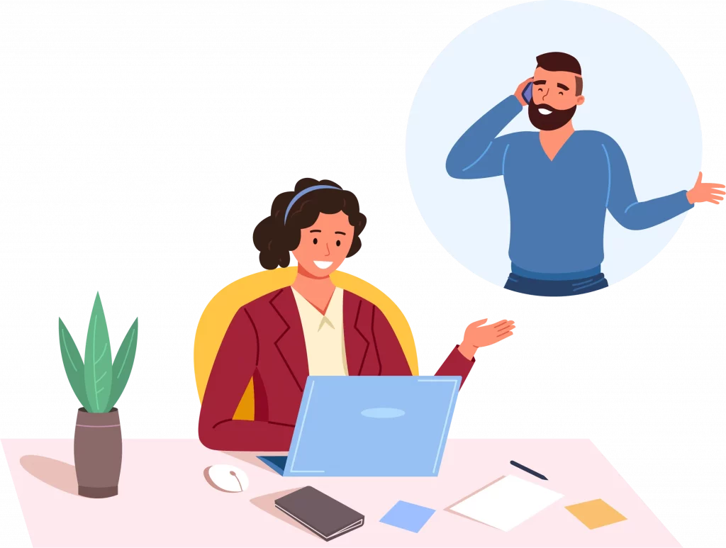 Cartoon graphic of a woman working from laptop and a man on the phone
